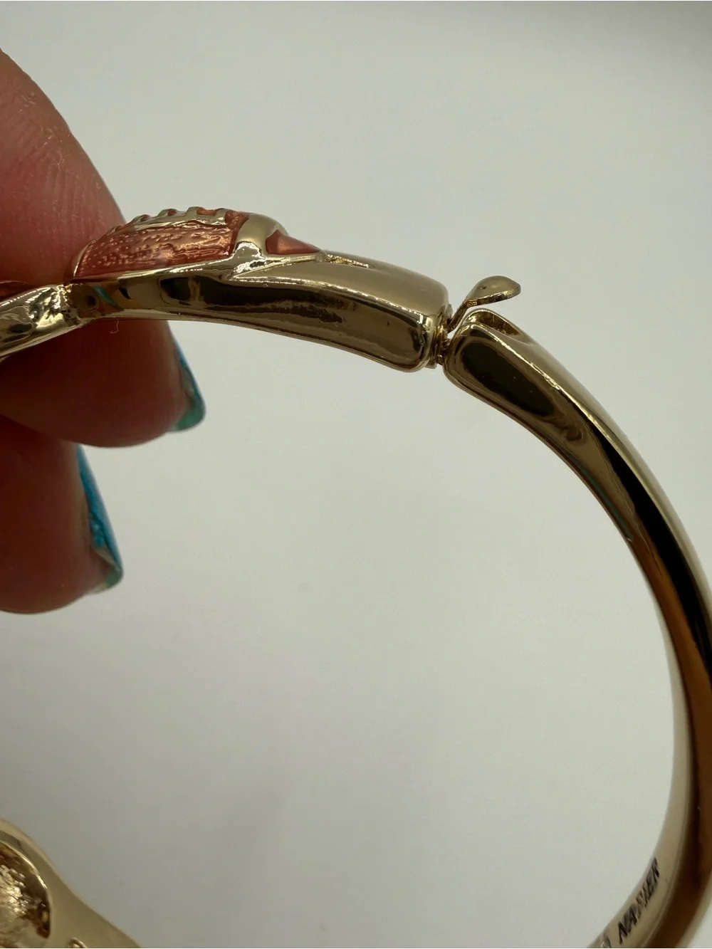 Vintage Napier Gold Tone Enamel Football Bangle Bracelet Pink Brown Hinged Cuff